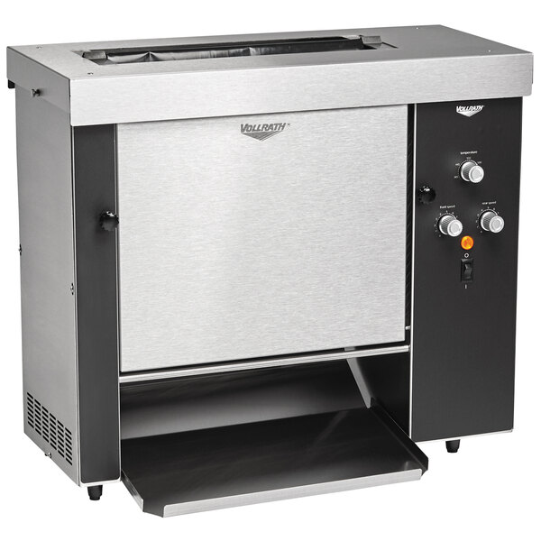 A Vollrath vertical contact bun toaster with a stainless steel top and black door.