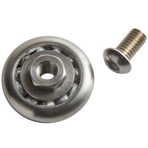 A metal ball bearing with a nut and bolt.