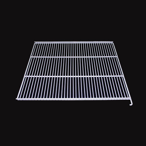 A white metal grid shelf with clips.
