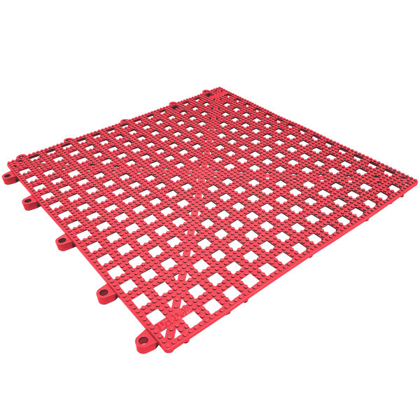 A red plastic Cactus Mat interlocking floor tile with a grid of holes.