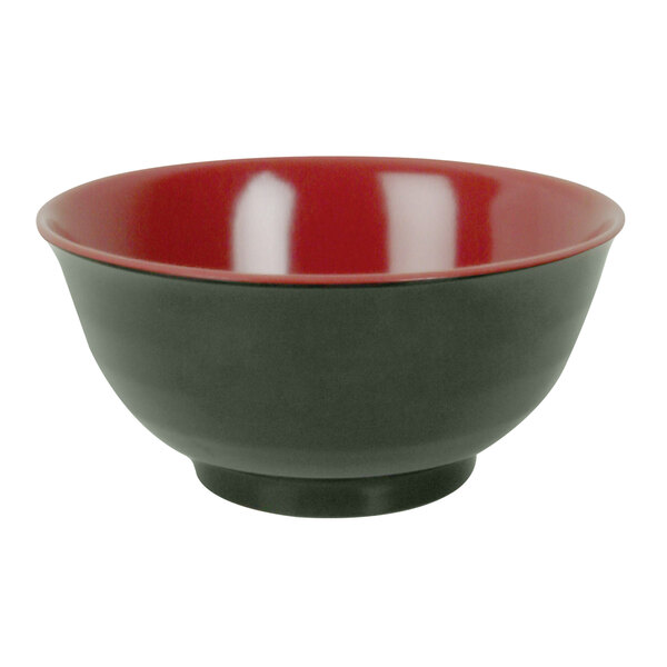 A close-up of a red and black Thunder Group melamine noodle bowl with a white background.