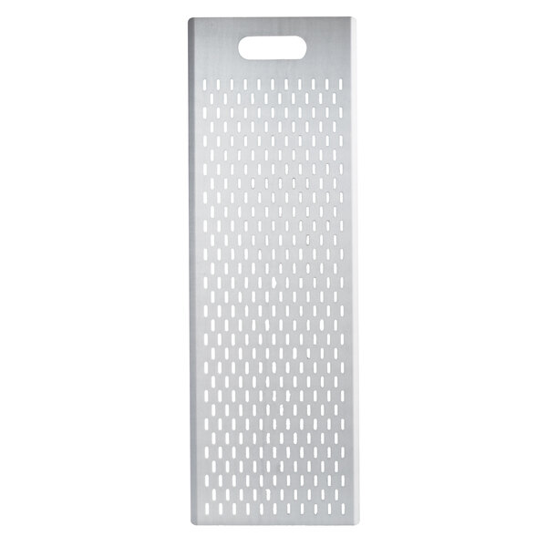 A white rectangular anodized aluminum pizza board with holes.