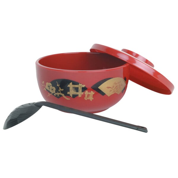A red Thunder Group noodle bowl with a lid and a spoon.
