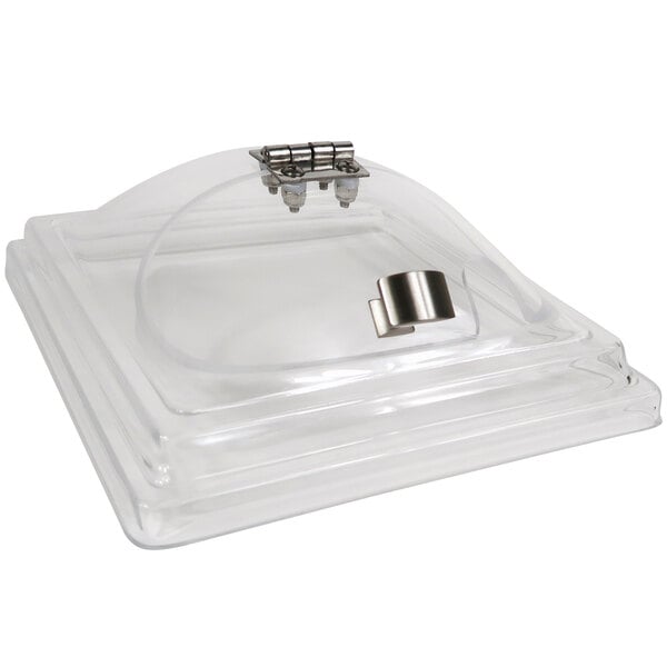 A clear plastic hinged dome lid with a metal handle.