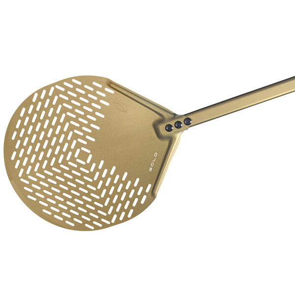 A close-up of a GI Metal gold round perforated pizza peel with a 70" handle.