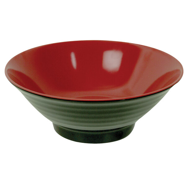 A red bowl with black rim.