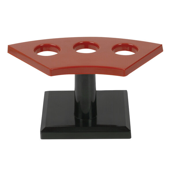 A red and black Thunder Group 3 Cavity Sushi Hand Roll Rack with four holes.