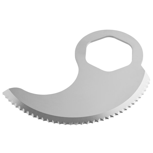 A silver Robot Coupe top serrated blade with a round hole in it.