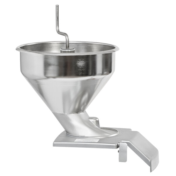 A silver stainless steel funnel with a metal handle.