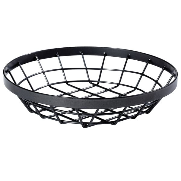 A metal gray wire basket with a Vector design.