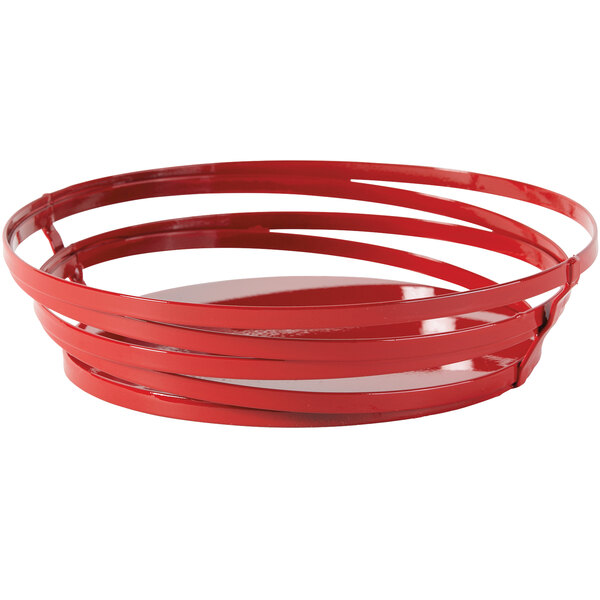 A close-up of a red GET Cyclone round wire basket.