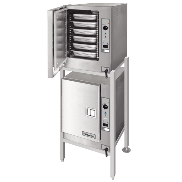 A large stainless steel Cleveland SteamChef 6 floor steamer with two open doors.