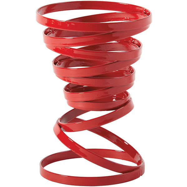 A close up of a red spiral wire basket.