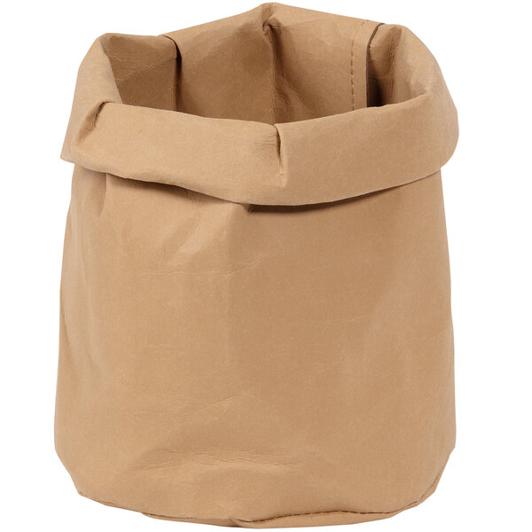 A brown reusable paper bag with handles.