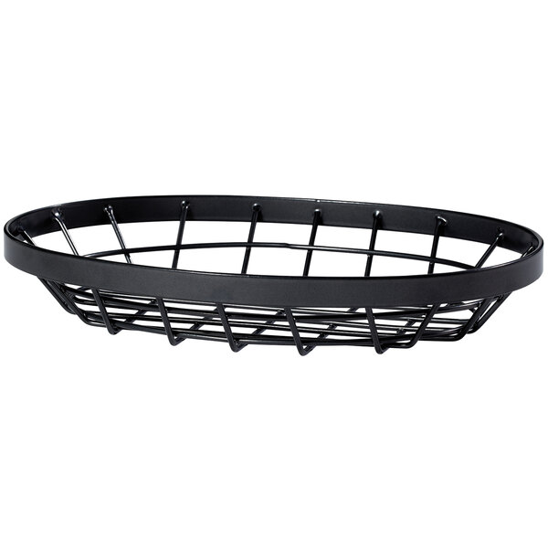 A metal gray oval wire basket with a wire handle.