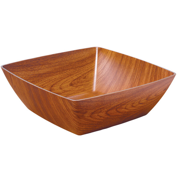 A triangular faux wood bowl with a white background.