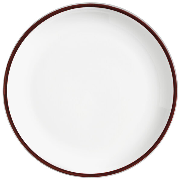 A white Libbey porcelain plate with a brown rim.