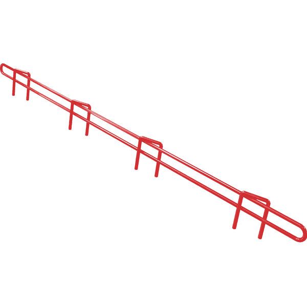 A red wire rack ledge with four hooks.