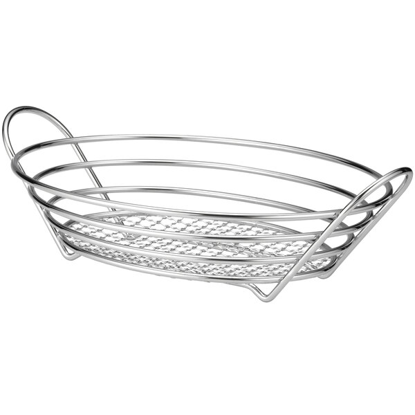 A Tablecraft chrome plated oval metal basket with handles.