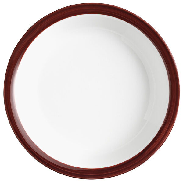 A white porcelain bowl with a white rim and a brown circle.