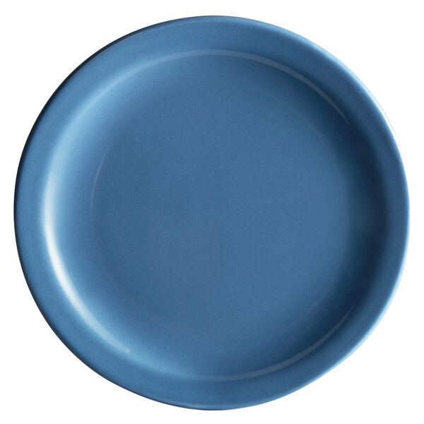 A close-up of a blue Libbey Cantina porcelain plate.