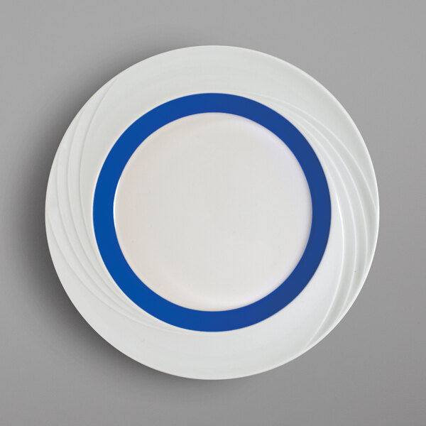 A white porcelain plate with a blue special rim.