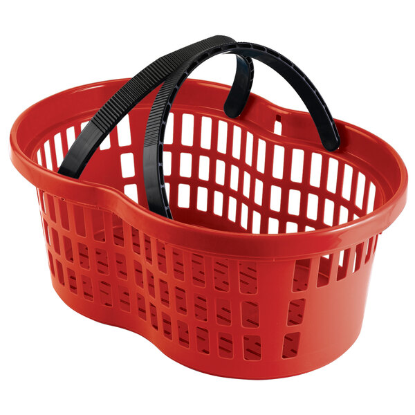 A red Garvey shopping basket with black handles.