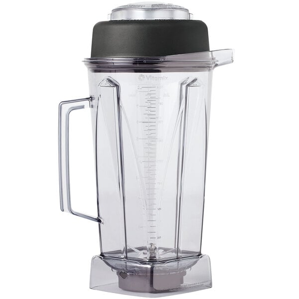 A clear plastic Vitamix blender jar with a black lid.