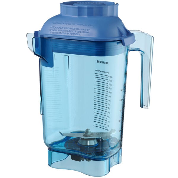A blue Vitamix blender jar with a blue lid and handle.