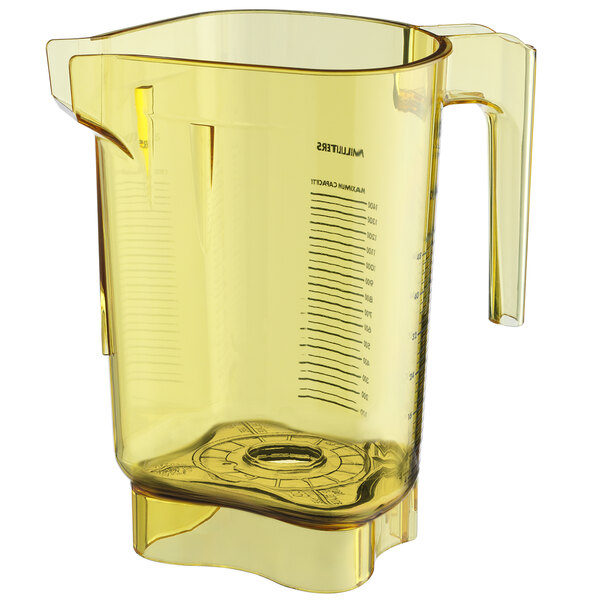 A yellow plastic Vitamix blender jar with a handle and measuring cup.