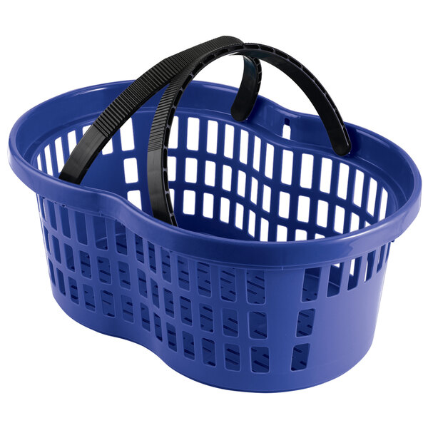 A blue Garvey plastic market basket with black handles.