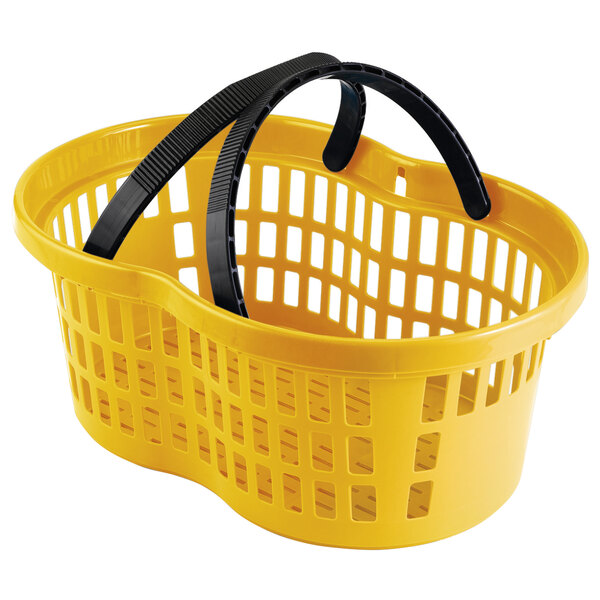 A yellow plastic shopping basket with black handles.