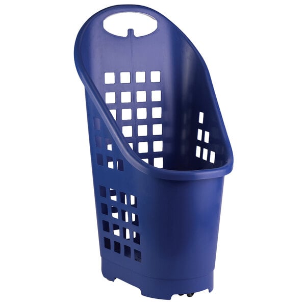 A blue plastic Garvey shopping basket with a handle.
