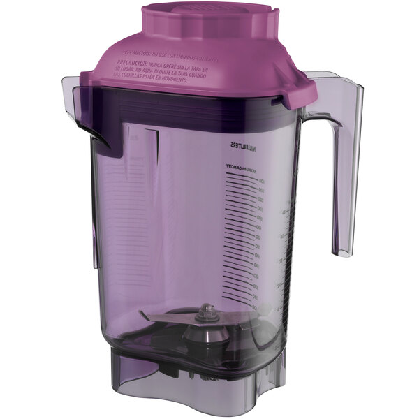 A purple Vitamix blender jar with a clear bottom and a black lid and handle.