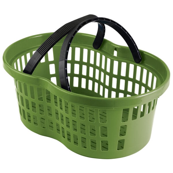 A green plastic Garvey shopping basket with black handles.
