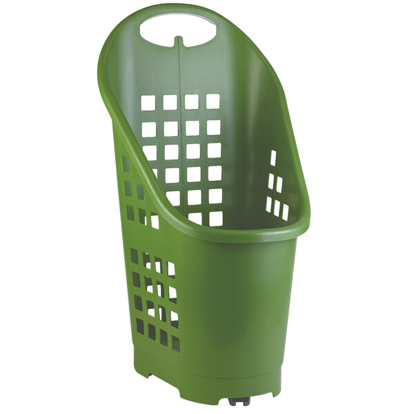 A green plastic Garvey shopping basket with a handle.