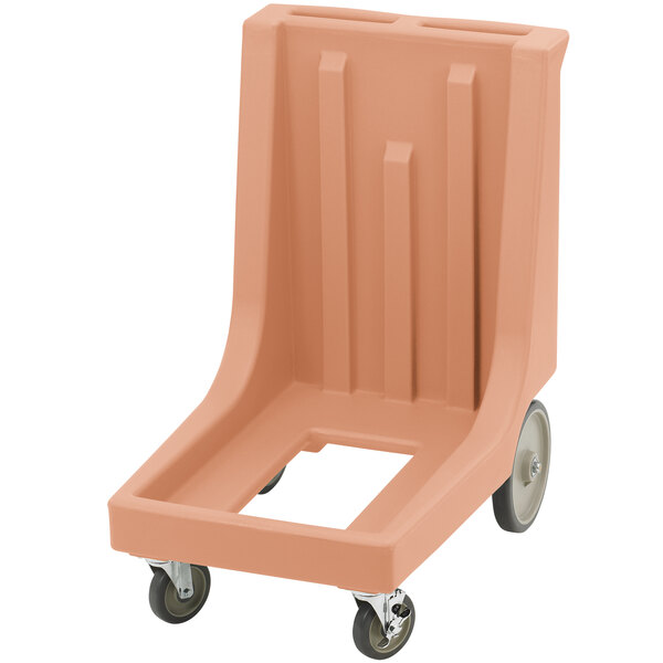 A beige plastic Cambro Camdolly with wheels.