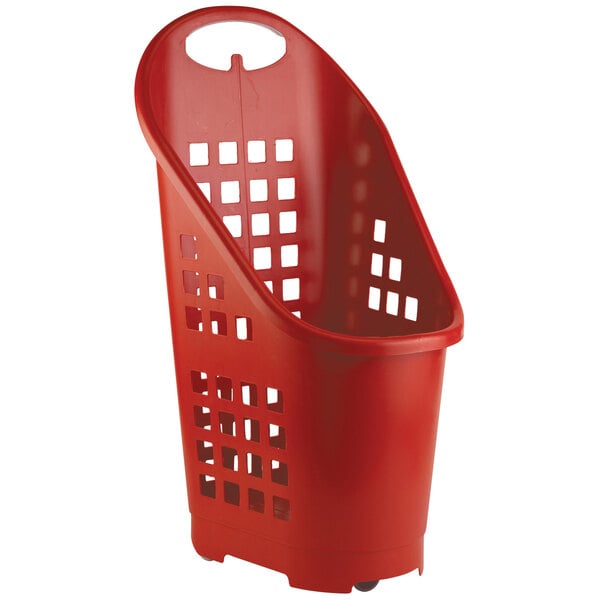 A red plastic shopping basket with wheels.