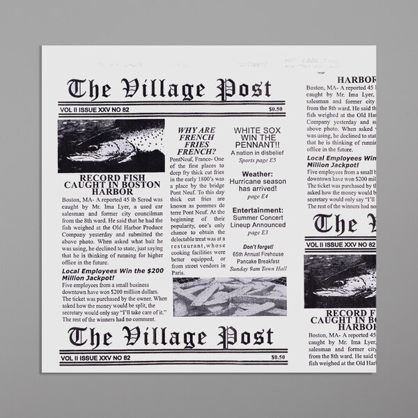 A Get Enterprises Village Post newsprint double-open bag on a restaurant counter with a newspaper featuring black and white text.