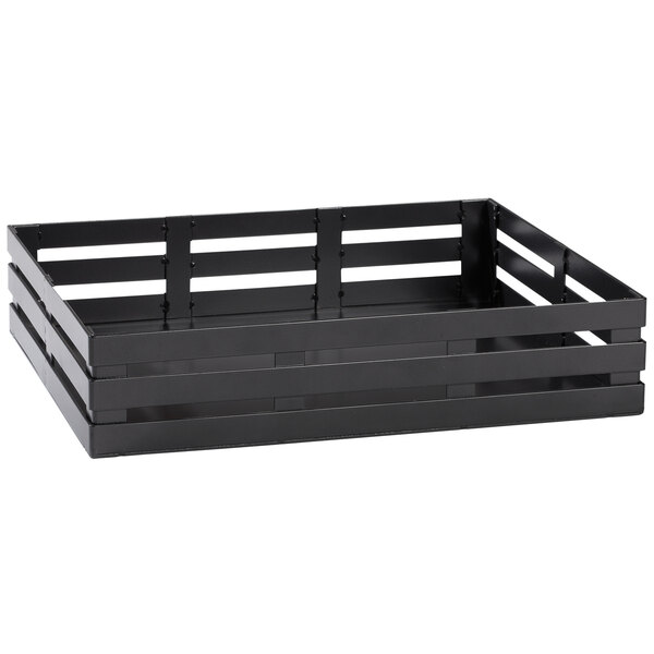 A black metal crate cutting board frame with wooden slats.