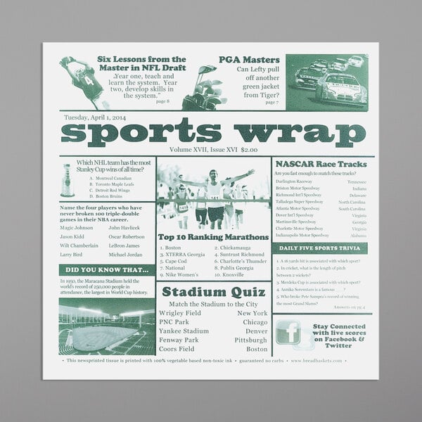 A white newsprint liner with sports items in white text.