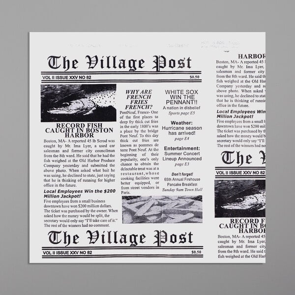 A GET Enterprises Village Post newsprint double-open bag on a counter with black and white text.