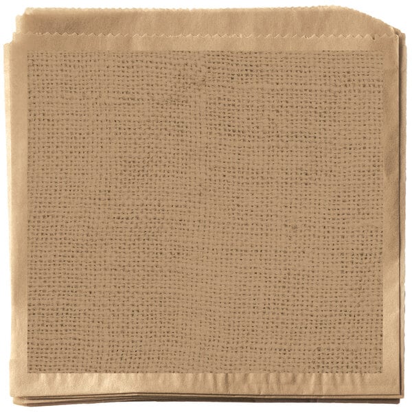 A brown burlap double-open bag with a square pattern on it.