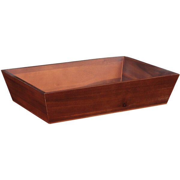 A rectangular walnut wood tray with a handle.