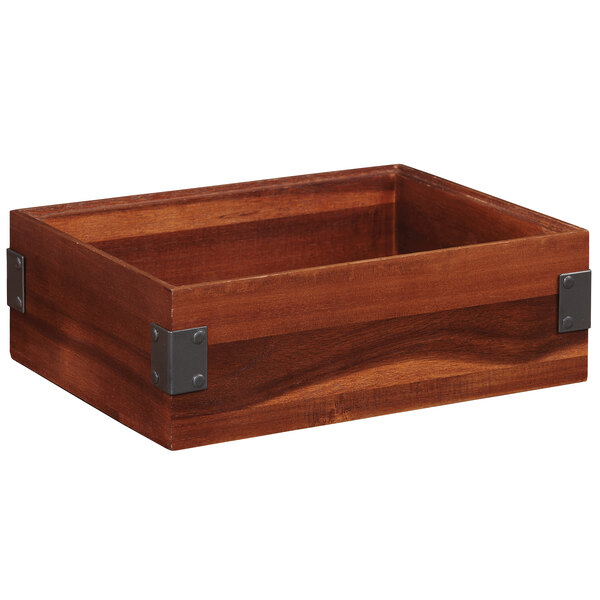 A walnut rectangular wooden display box with metal corners.