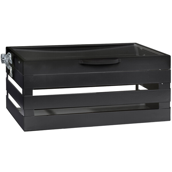 A black metal rectangular chafer stand with a self-closing lid.