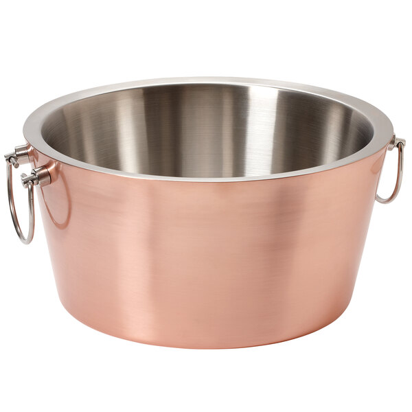 A copper and silver GET Enterprises beverage tub with handles.
