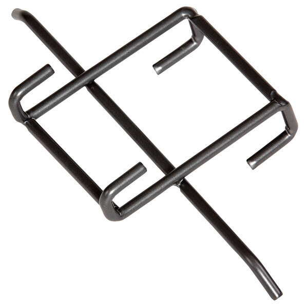 A metal gray hook with two holes for wire baskets.