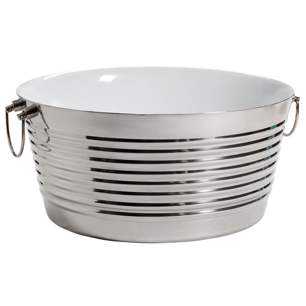 A stainless steel beverage tub with a white rim and handles.