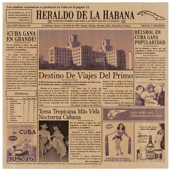 A brown Cuban newsprint liner with a picture of a building and a bottle of alcohol.